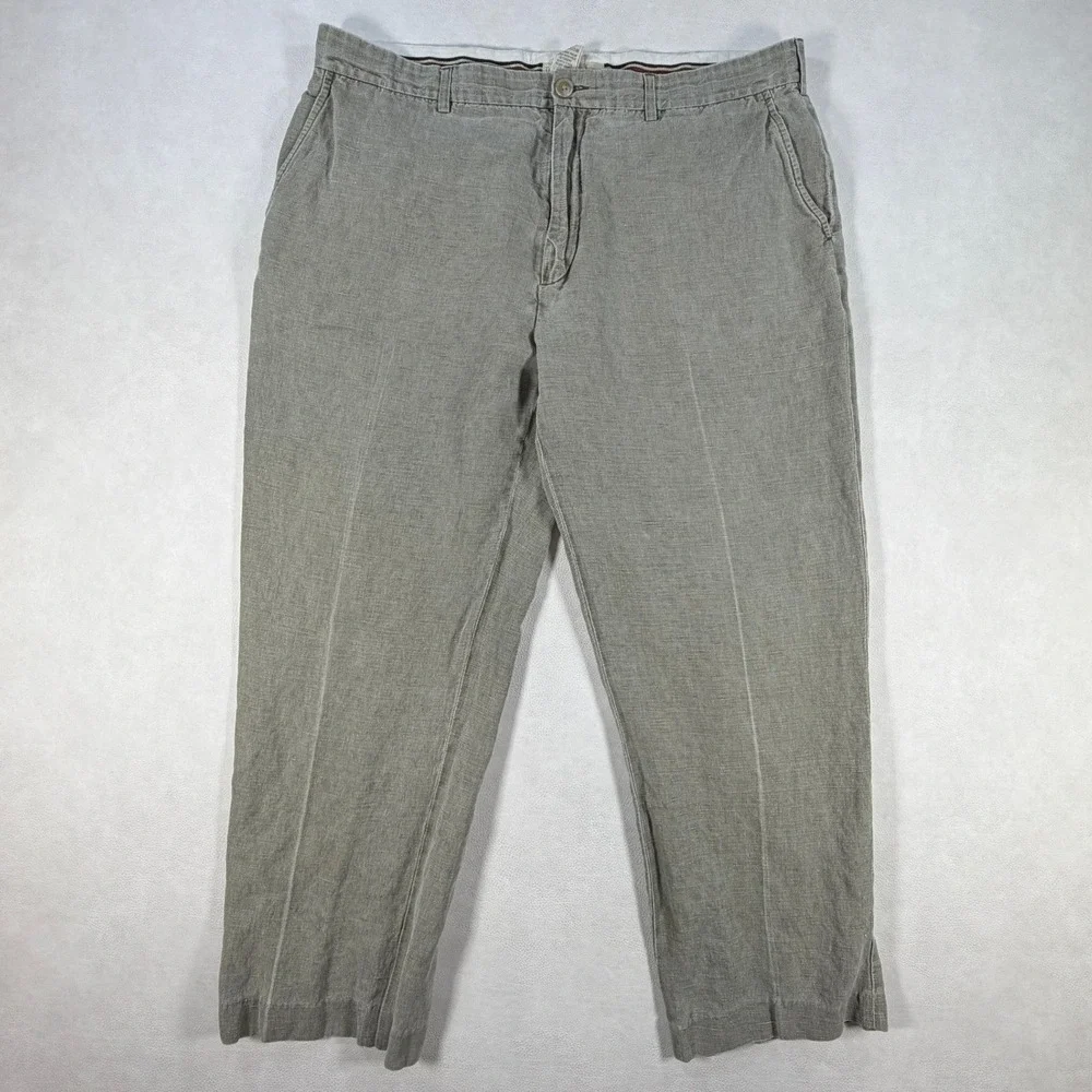 The Territory Ahead Mens 38x28 Linen Silk Blend Pants Khaki Flat Front Vintage